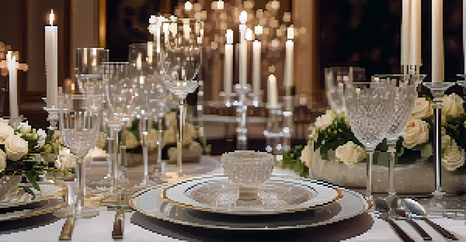 A close-up of a luxurious table setting with crystal glassware, porcelain plates, and candlelight creating a sophisticated ambiance.