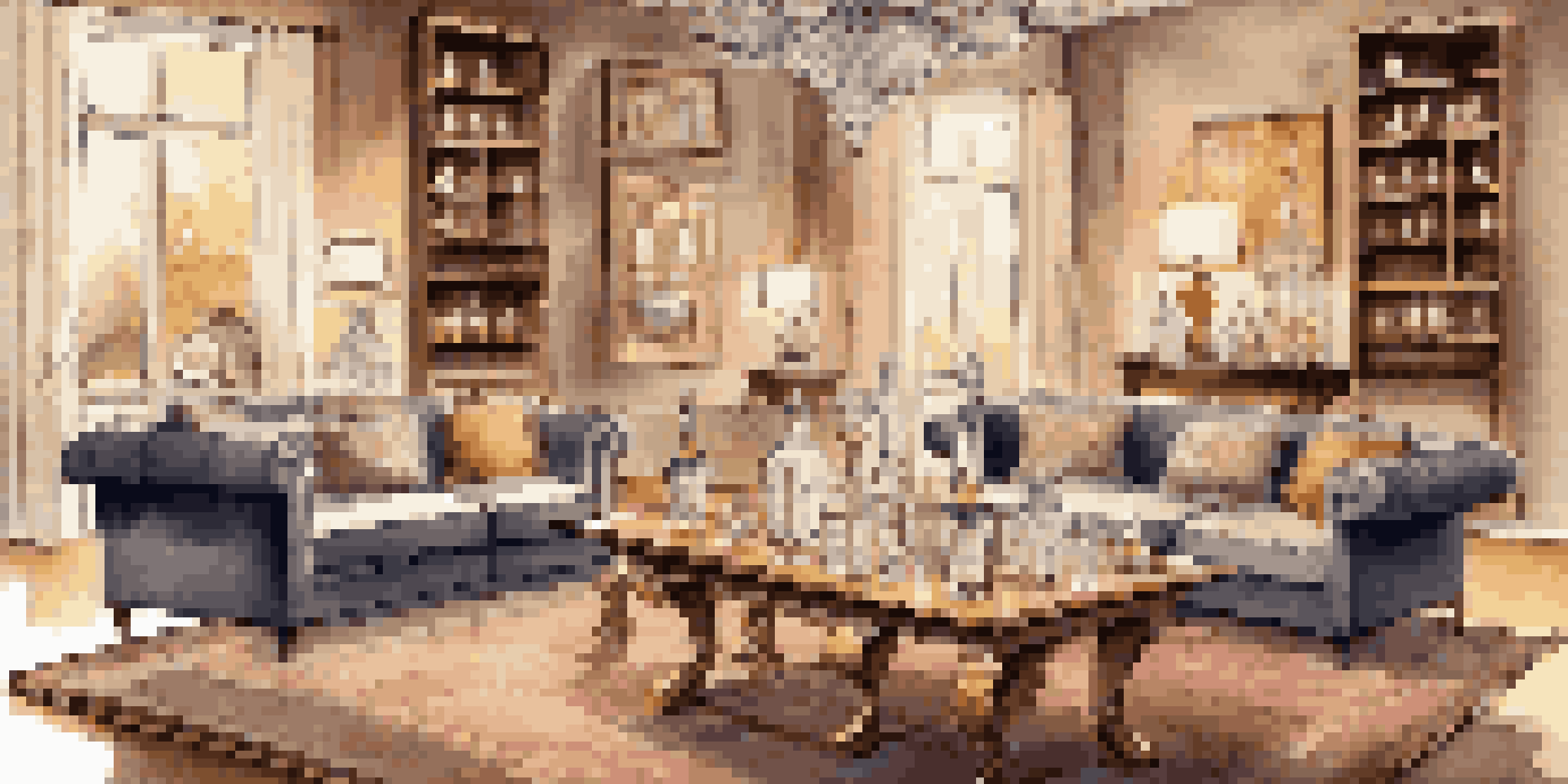A wooden table set for a luxurious spirits tasting, showcasing crystal decanters and elegant glassware, with soft lighting and a plush sofa in the background.