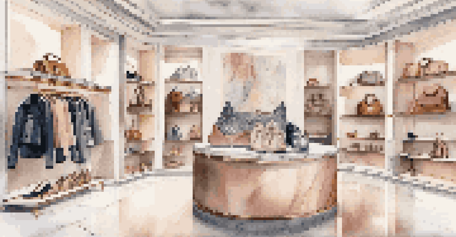 An elegant boutique interior with high-end fashion items displayed on marble shelves.