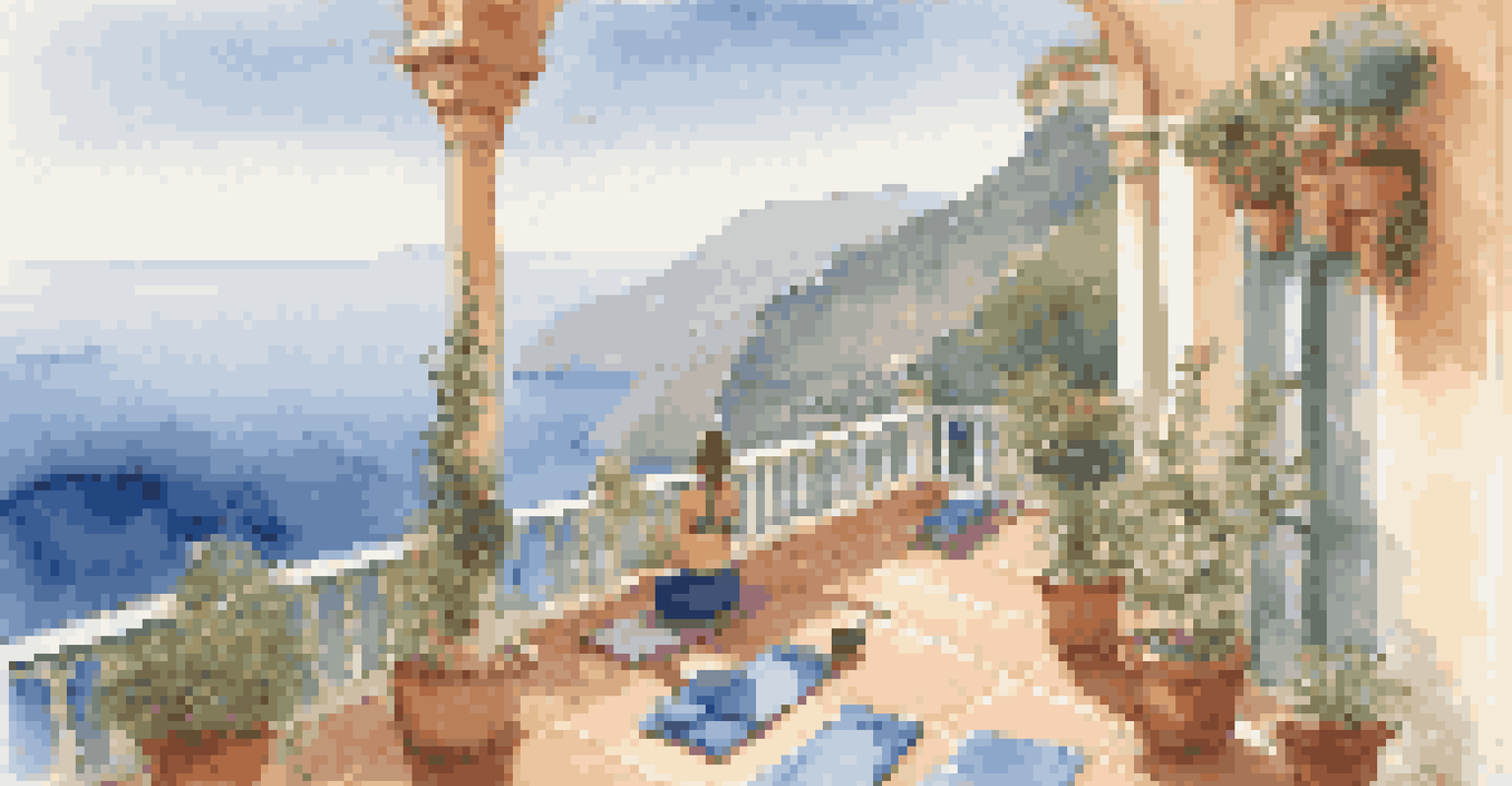 A peaceful wellness retreat with yoga on a terrace overlooking the stunning Amalfi Coast.
