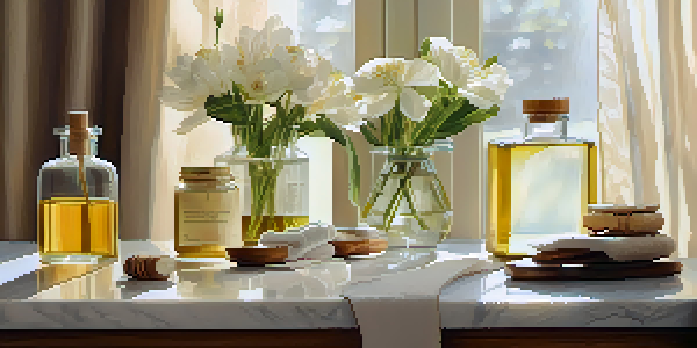 A luxurious spa setup with natural skincare products and soft sunlight filtering through curtains.