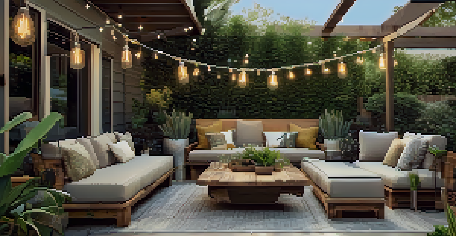 A chic outdoor lounge with eco-friendly furniture, native plants, and soft lighting, embodying sustainable luxury.