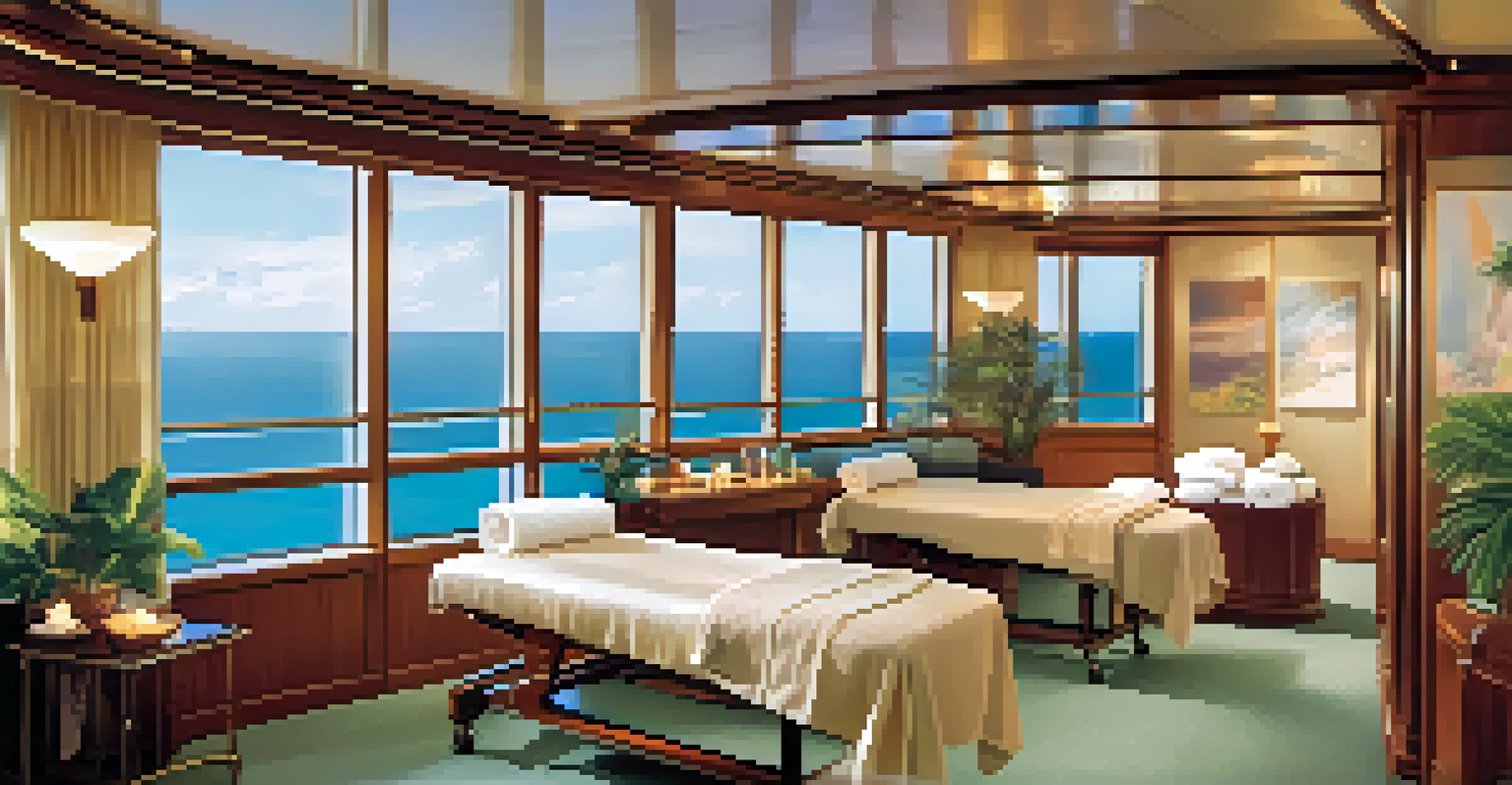 A tranquil spa room on a cruise ship with ocean views, designed for relaxation and wellness treatments.