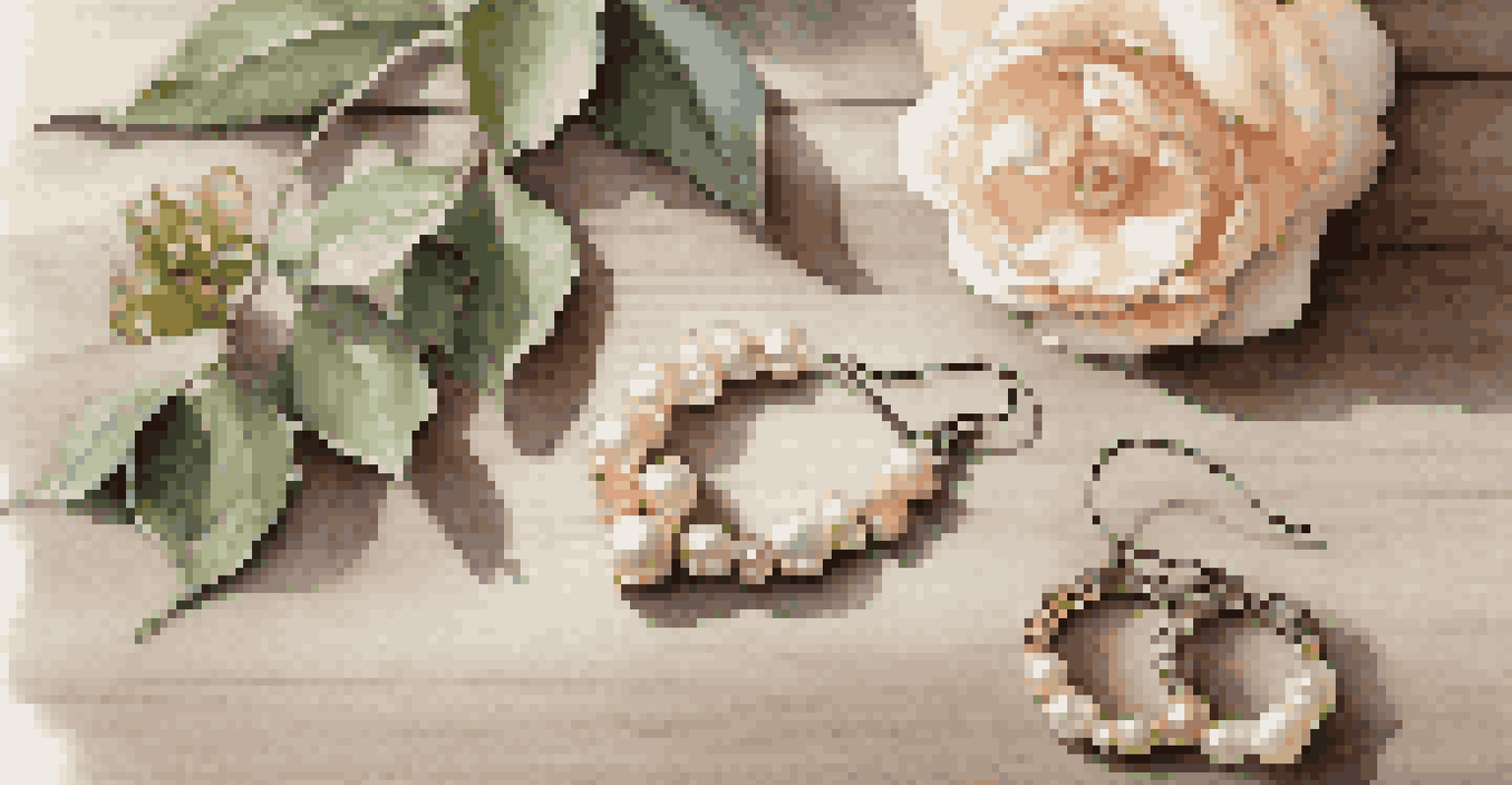 A creative display of asymmetrical pearl earrings on a wooden table with flowers and leaves.