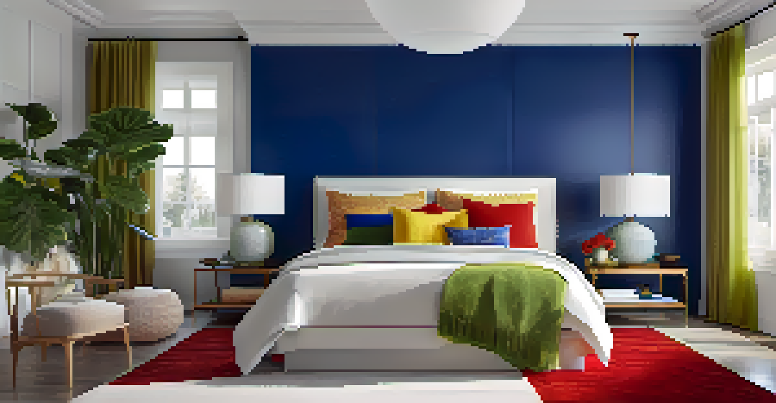 A serene bedroom with a royal blue feature wall, colorful accent pillows, and soft lighting creating a tranquil ambiance.