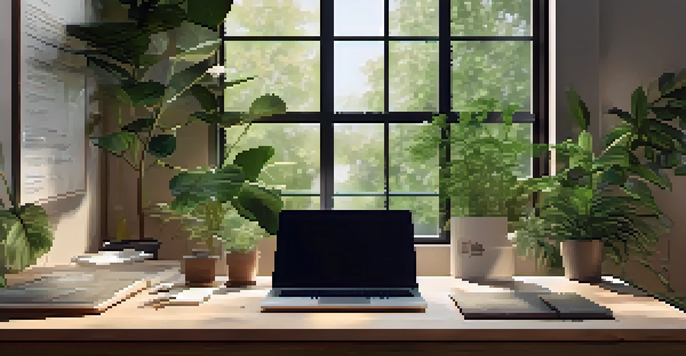 A cozy workspace featuring a wooden desk with a laptop, plants, and motivational quotes, bathed in natural light.