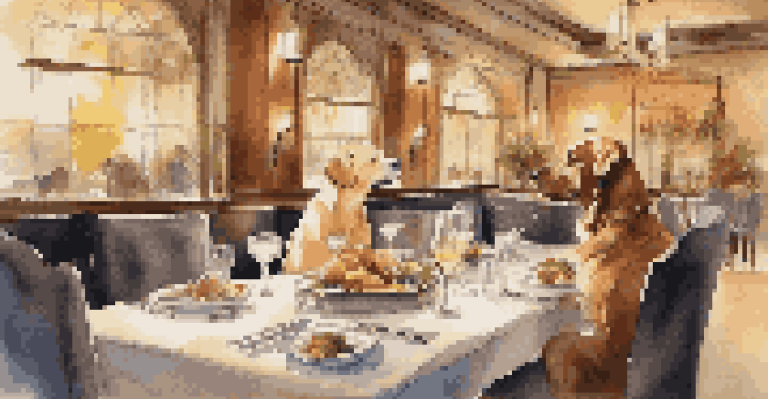 An upscale pet restaurant scene with a dog enjoying a gourmet meal next to a glass of wine on a beautifully set table.