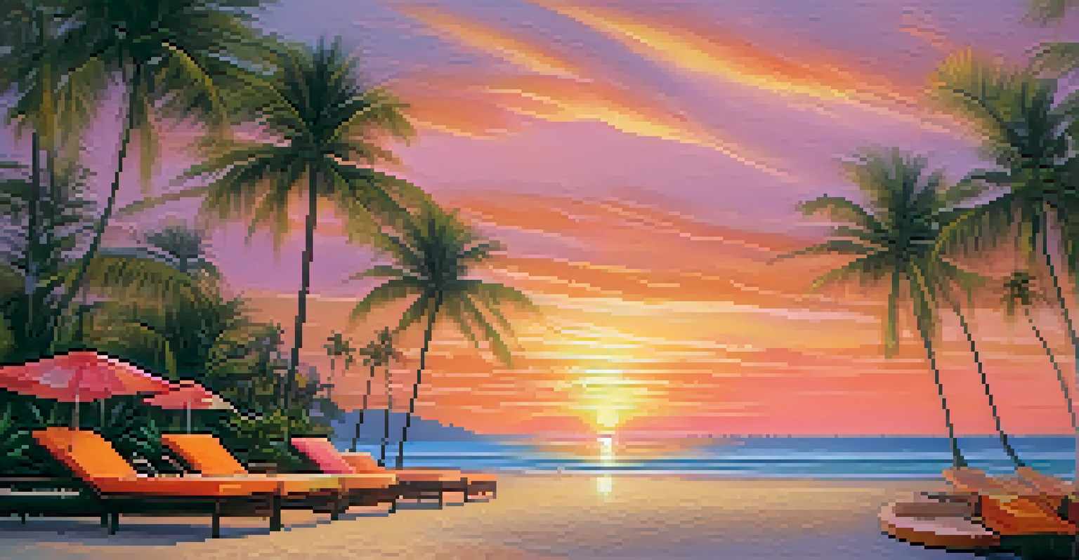 A luxurious beachfront resort at sunset, with palm trees, sandy beach, and a colorful sky, creating a serene travel ambiance.