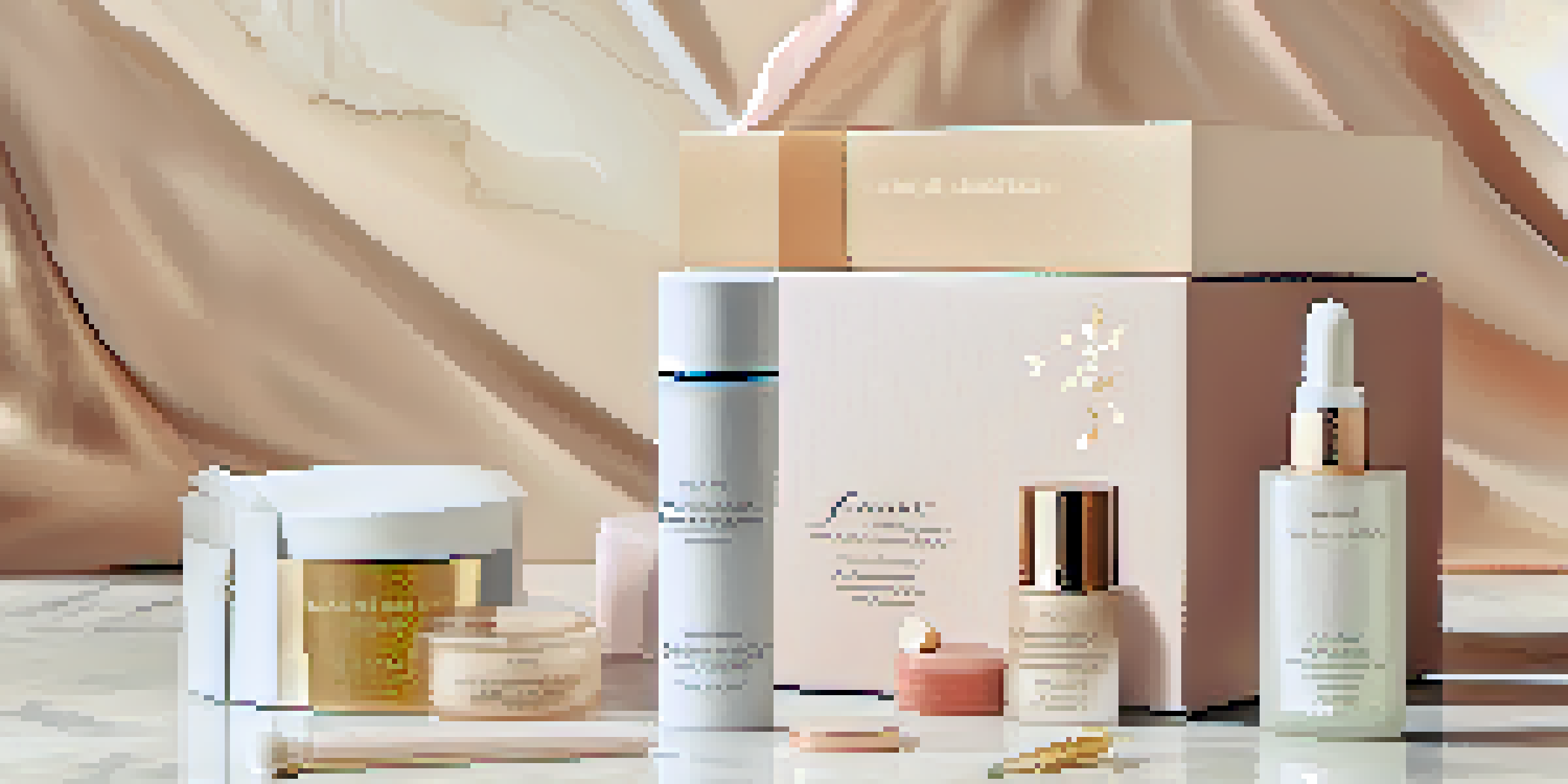 A luxurious beauty subscription box open on a marble countertop, showcasing high-end skincare and cosmetics.