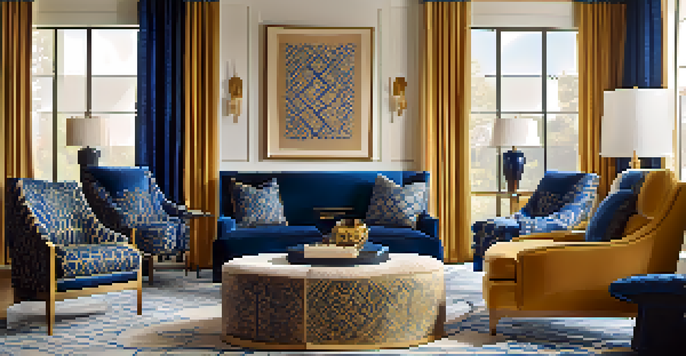 A luxurious living room with a blue and gold patterned armchair by a window, surrounded by neutral decor.