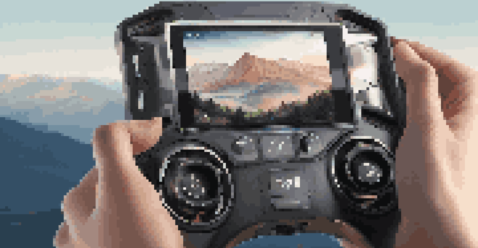 A close-up of a luxury drone remote control held by a photographer, with beautiful mountains in the background.