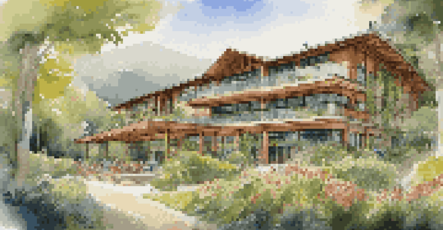 An eco-friendly luxury hotel surrounded by greenery, with guests enjoying meals outdoors and a nature trail in the background.