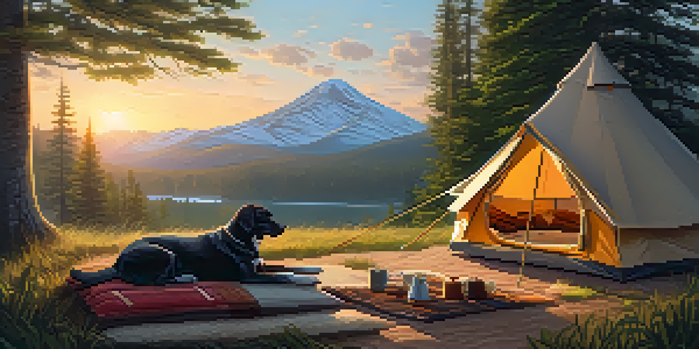 A cozy camping scene with a tent and a dog bed, a person sitting inside with a coffee, surrounded by nature.