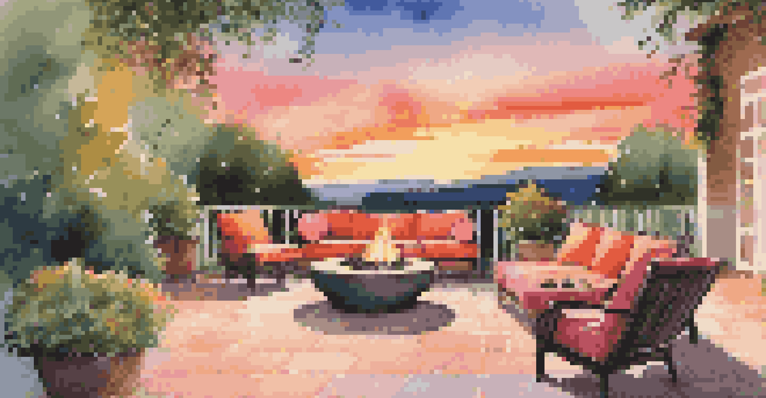 An outdoor terrace with stylish furniture and a fire pit, surrounded by greenery, featuring a vibrant sunset in the background.