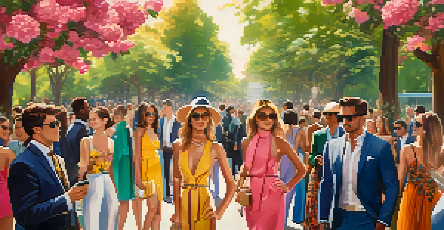 A lively outdoor fashion event with diverse people wearing colorful designer outfits, surrounded by flowers and trees.