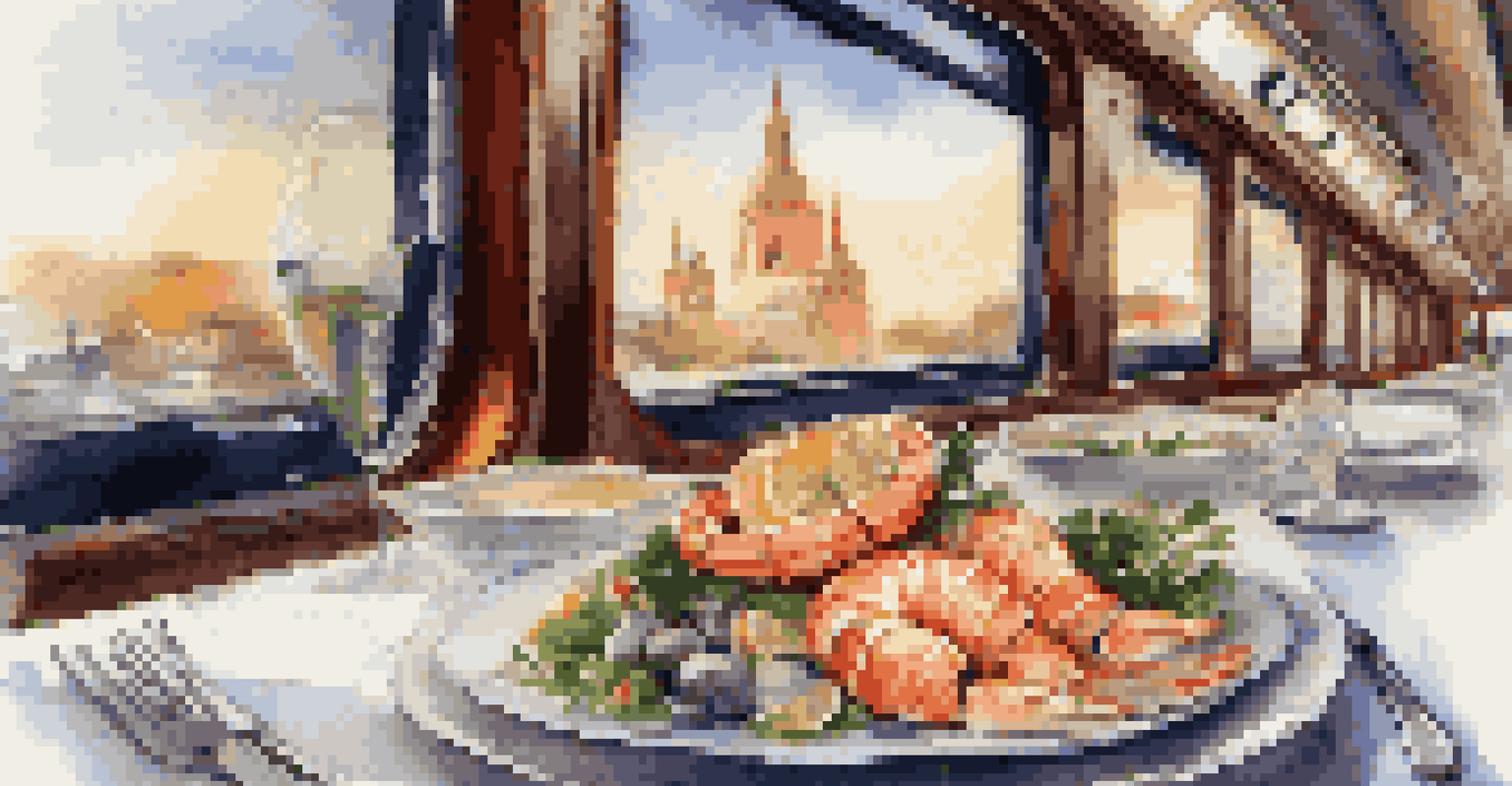 A gourmet seafood dish with vibrant colors and a glass of white wine in a softly lit train interior.
