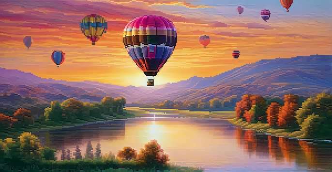 A hot air balloon floats over a beautiful landscape at sunrise, with colorful skies and rolling hills below.