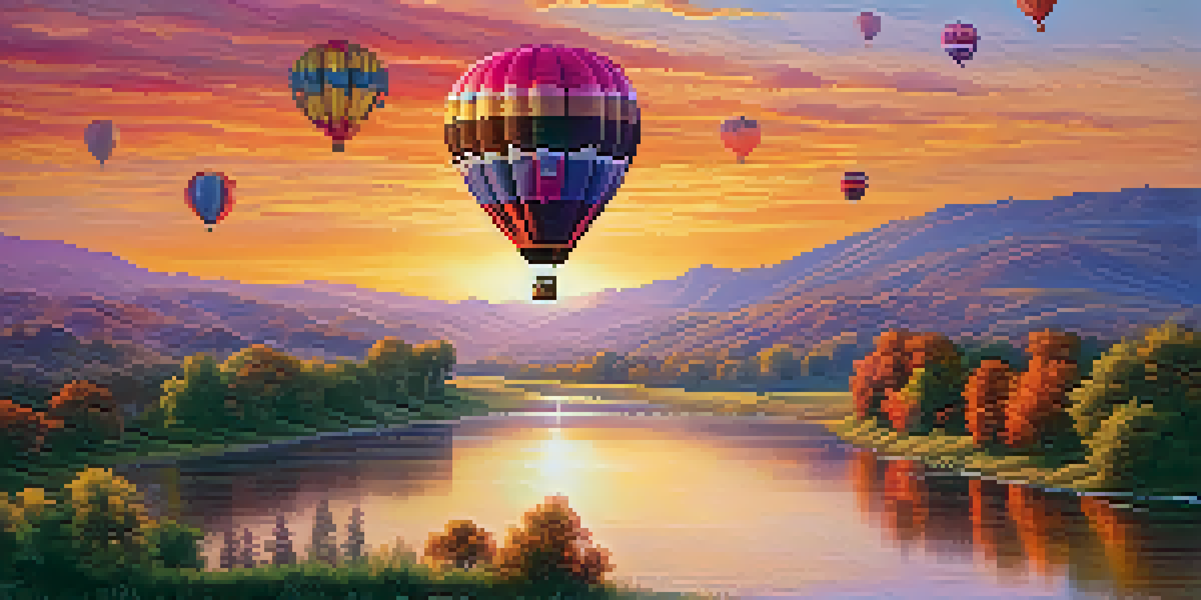 A hot air balloon floats over a beautiful landscape at sunrise, with colorful skies and rolling hills below.