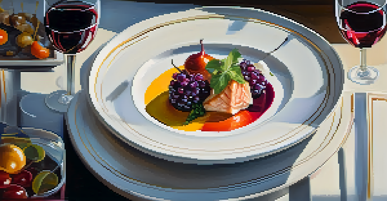 A close-up of a gourmet dish with vibrant colors and textures, accompanied by a glass of fine vintage wine in the background.