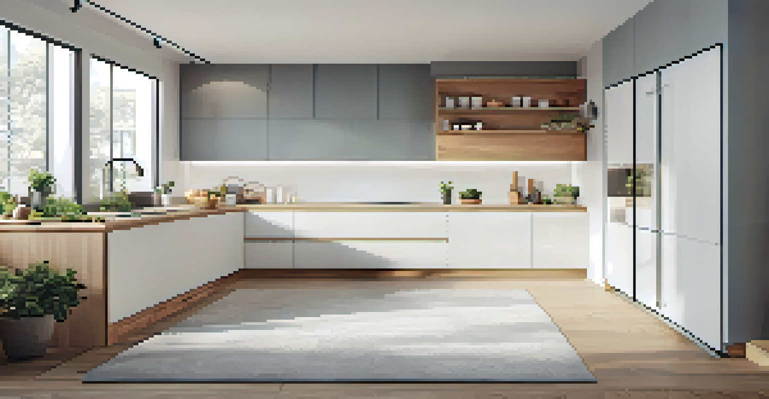 A modern kitchen with energy-efficient appliances, designed in a minimalist style with white and gray colors and natural wood accents.