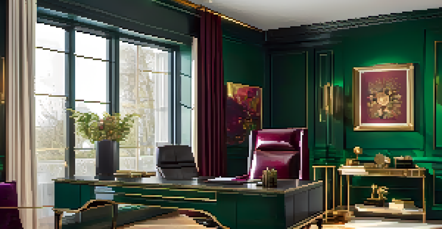 An opulent home office showcasing deep jewel tones with an emerald green wall, gold fixtures, and rich burgundy accents creating a luxurious ambiance.