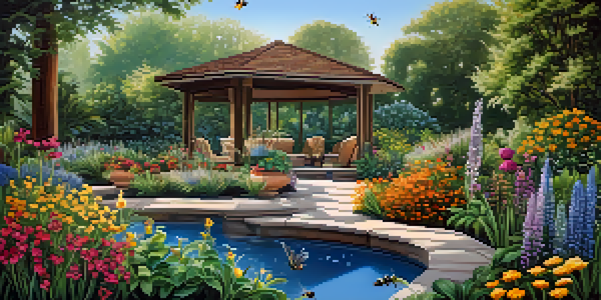 A vibrant garden filled with native plants attracting pollinators, complete with a seating area and a water feature under soft sunlight.