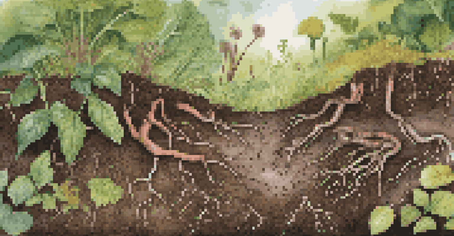 A close-up view of rich soil with organic matter and plant roots, featuring textures and small earthworms, showcasing a healthy ecosystem.