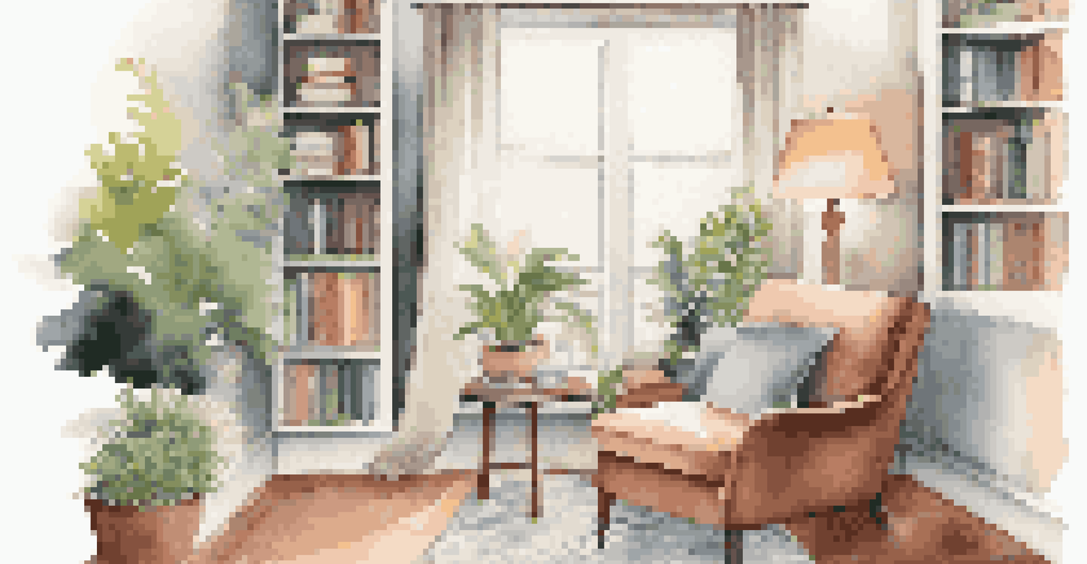 A cozy corner in a home office with an armchair, bookshelf, warm lighting, and wall art for relaxation.