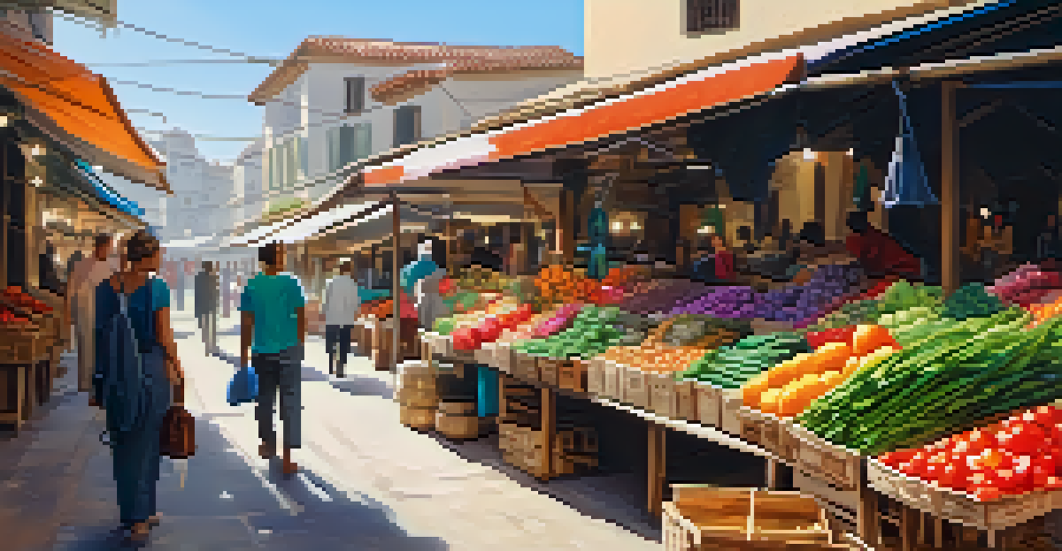 A traveler interacting with a vendor in a colorful local market, surrounded by fresh produce and handmade crafts.