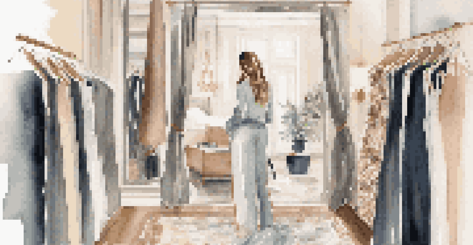 A woman in a chic bedroom, joyfully trying on clothing from a luxury subscription service, with a mirror reflecting her outfit.