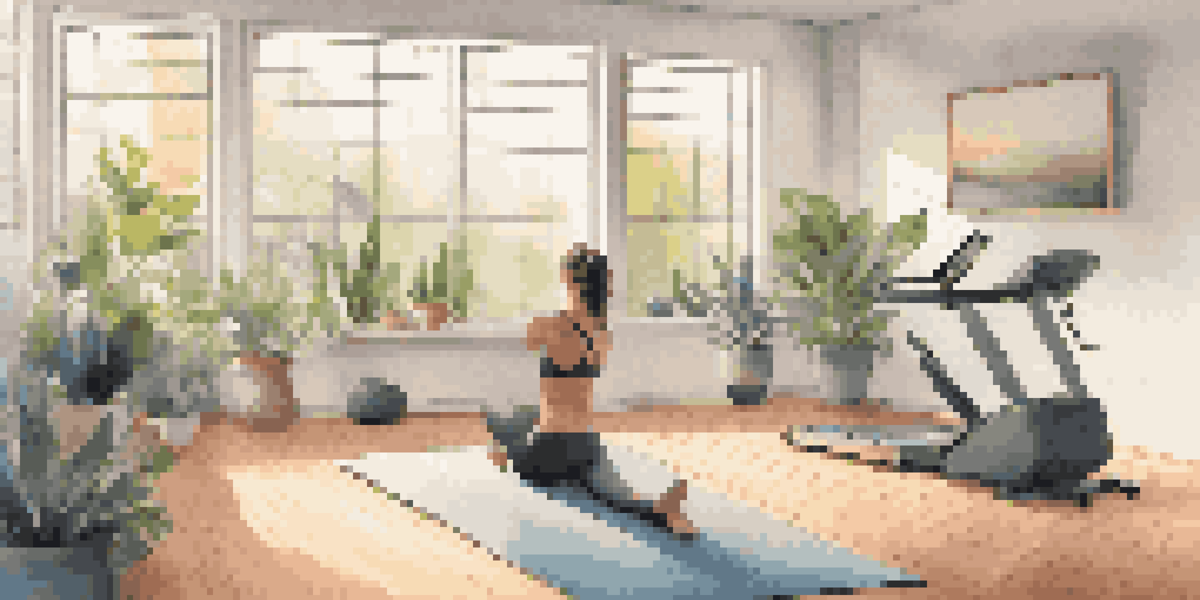 A modern home gym with a smart mirror, where a personal trainer is guiding a user through yoga. Natural light fills the room, highlighting wooden floors and indoor plants.