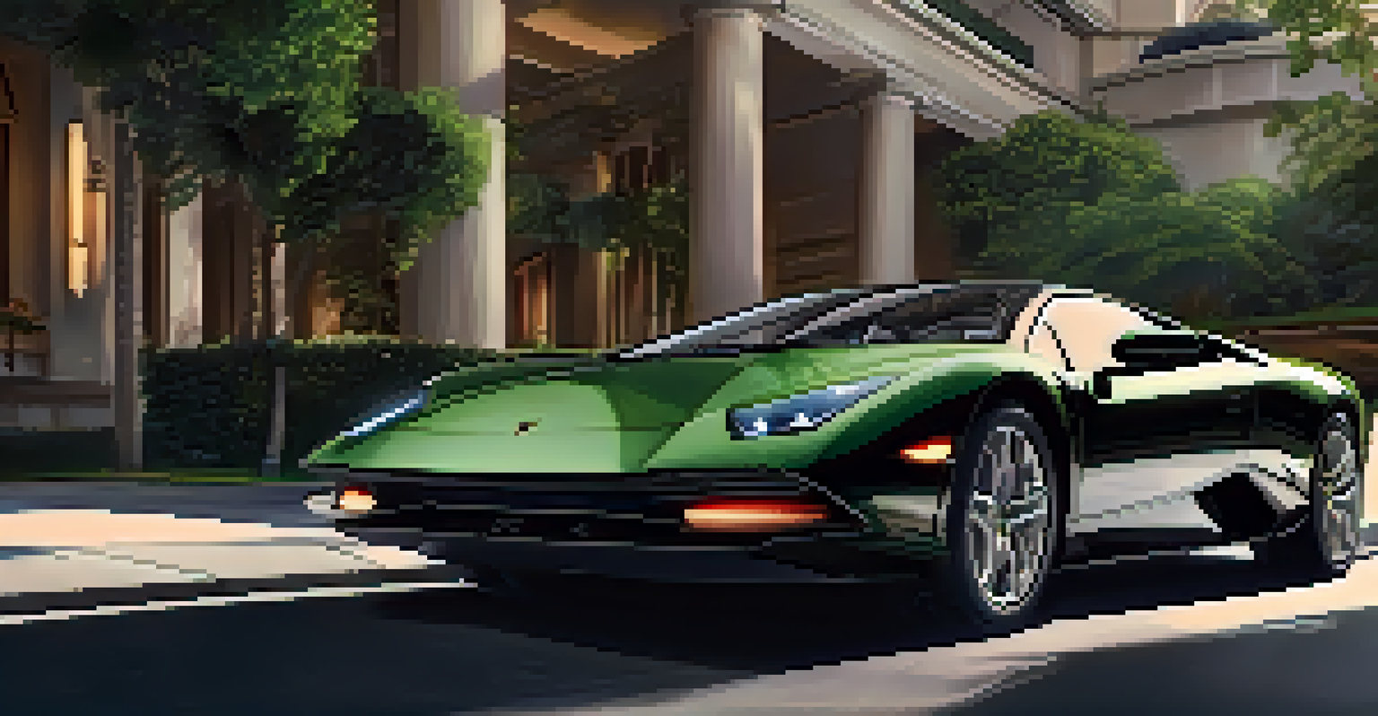 A black Lamborghini parked in front of a luxurious hotel, surrounded by greenery and soft lighting.