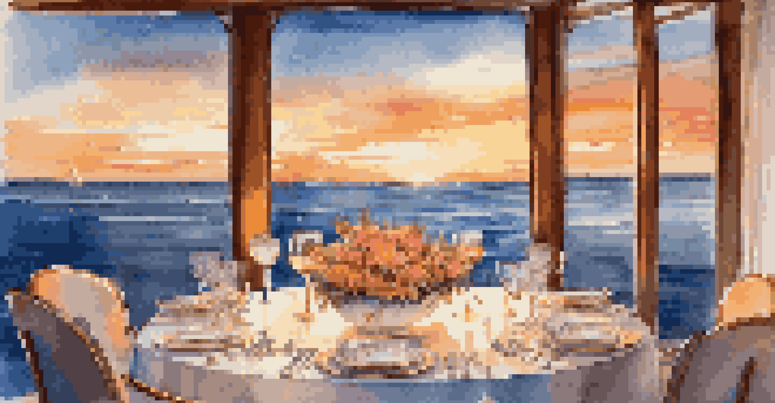 A dining setup on a yacht deck, with a table set for two and an ocean sunset in the background.