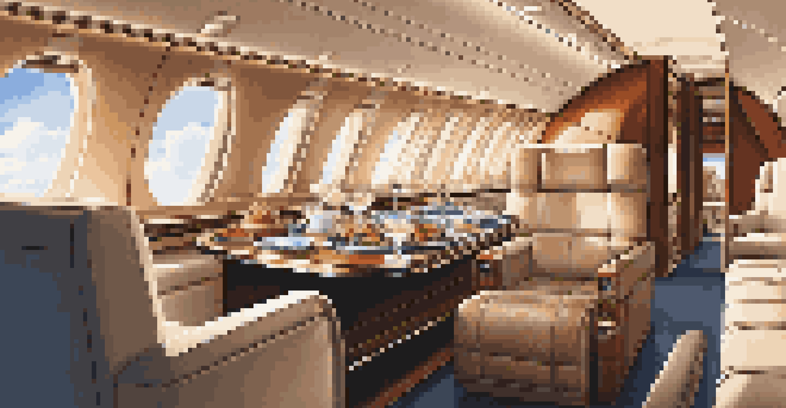 The plush interior of a private jet cabin with gourmet food and a view of clouds from a large window.