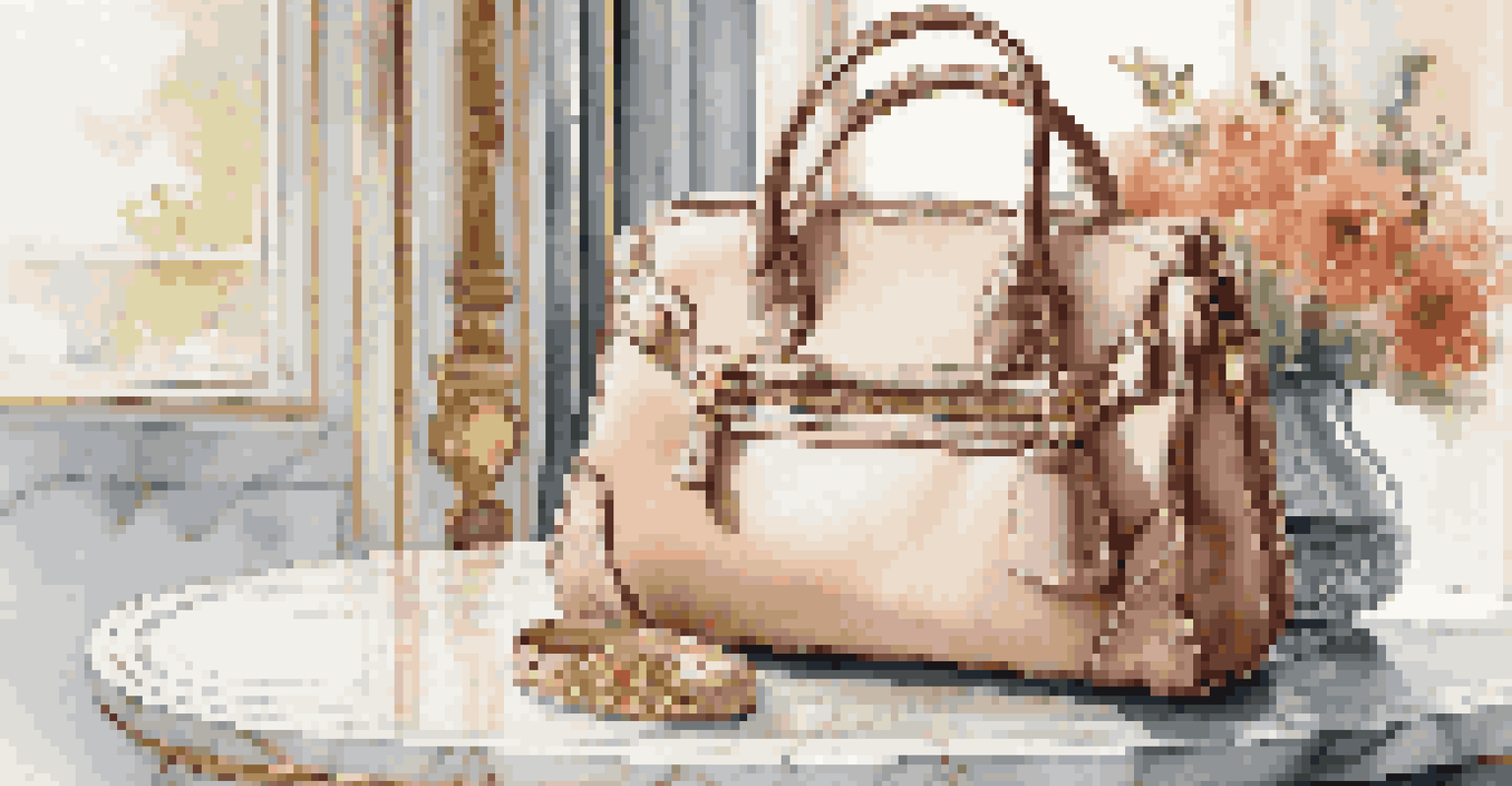 A close-up of a luxurious leather handbag on a marble table with flowers and a magazine.