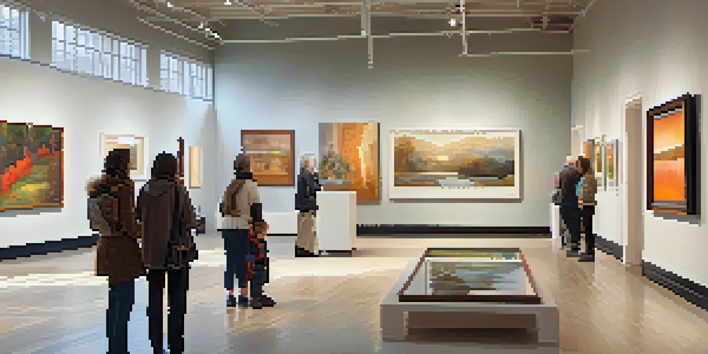 An art gallery with diverse artworks and visitors discussing pieces in natural light.