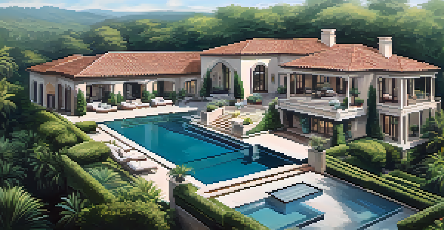 Aerial view of a luxurious estate surrounded by green gardens and a swimming pool, showcasing the elegance of high-end properties.
