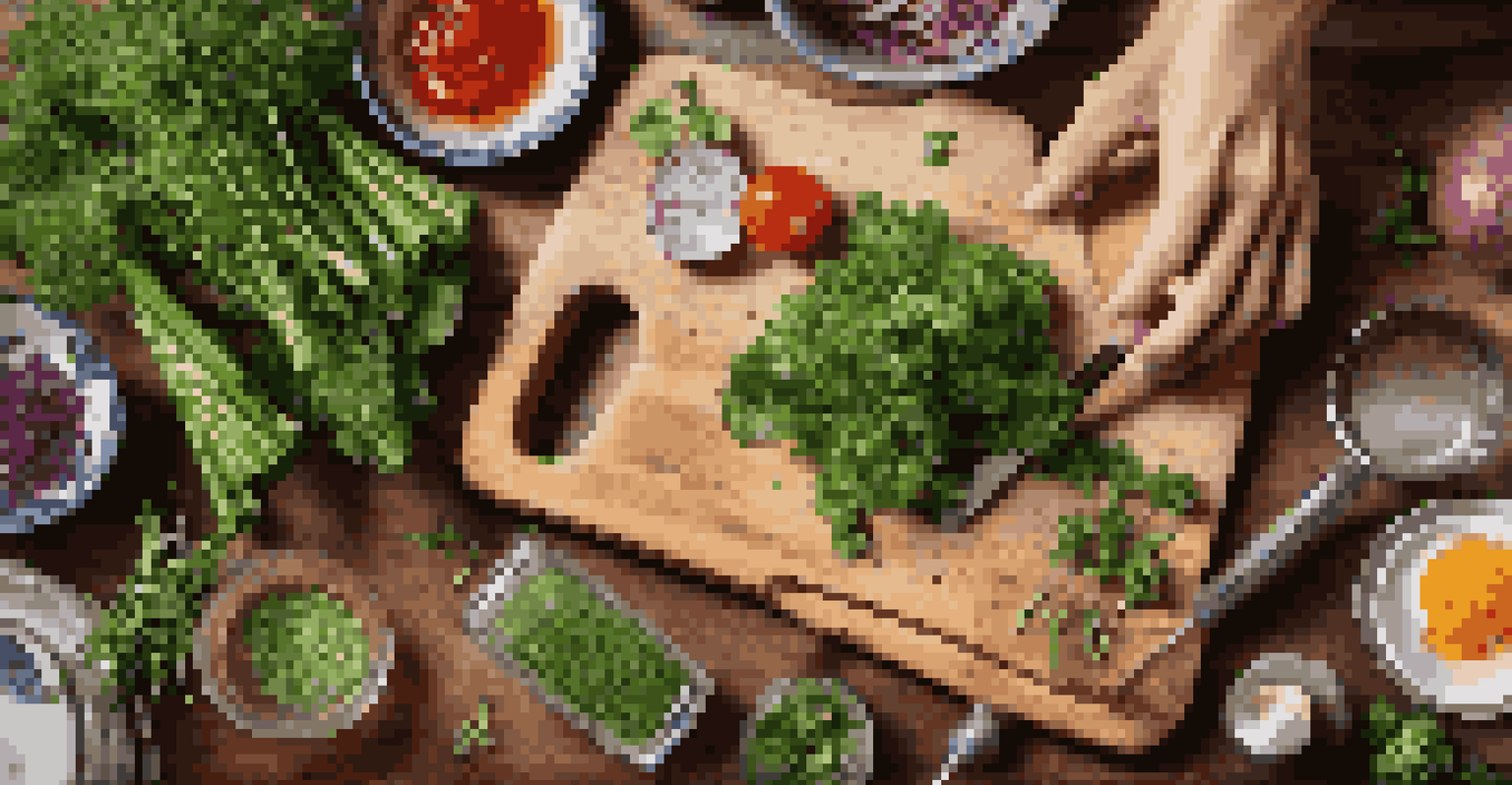 Close-up of hands chopping fresh herbs on a wooden cutting board, with colorful vegetables and cooking tools in the background.