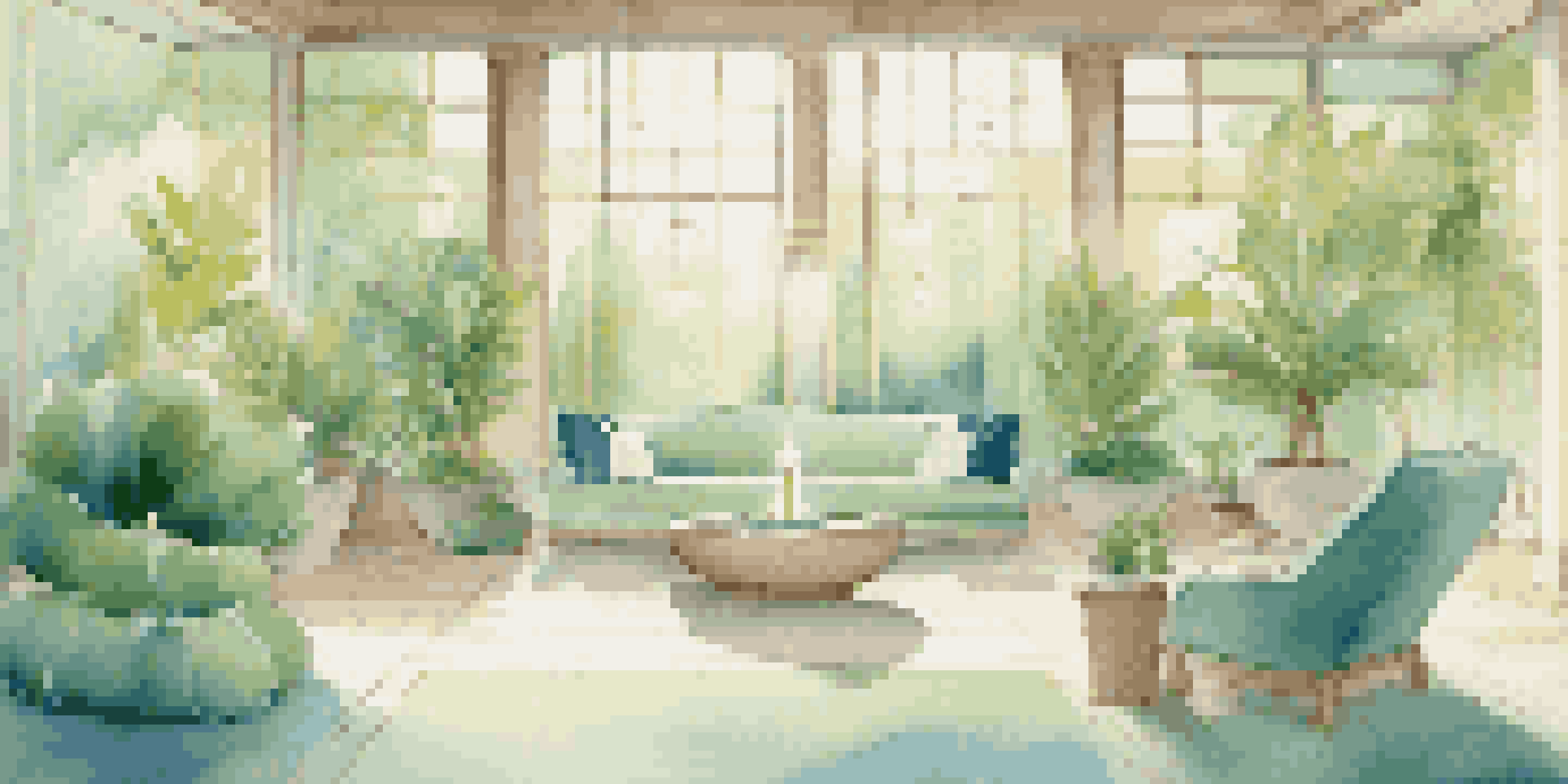 A peaceful spa room with soft lighting and a person meditating among candles and plants.