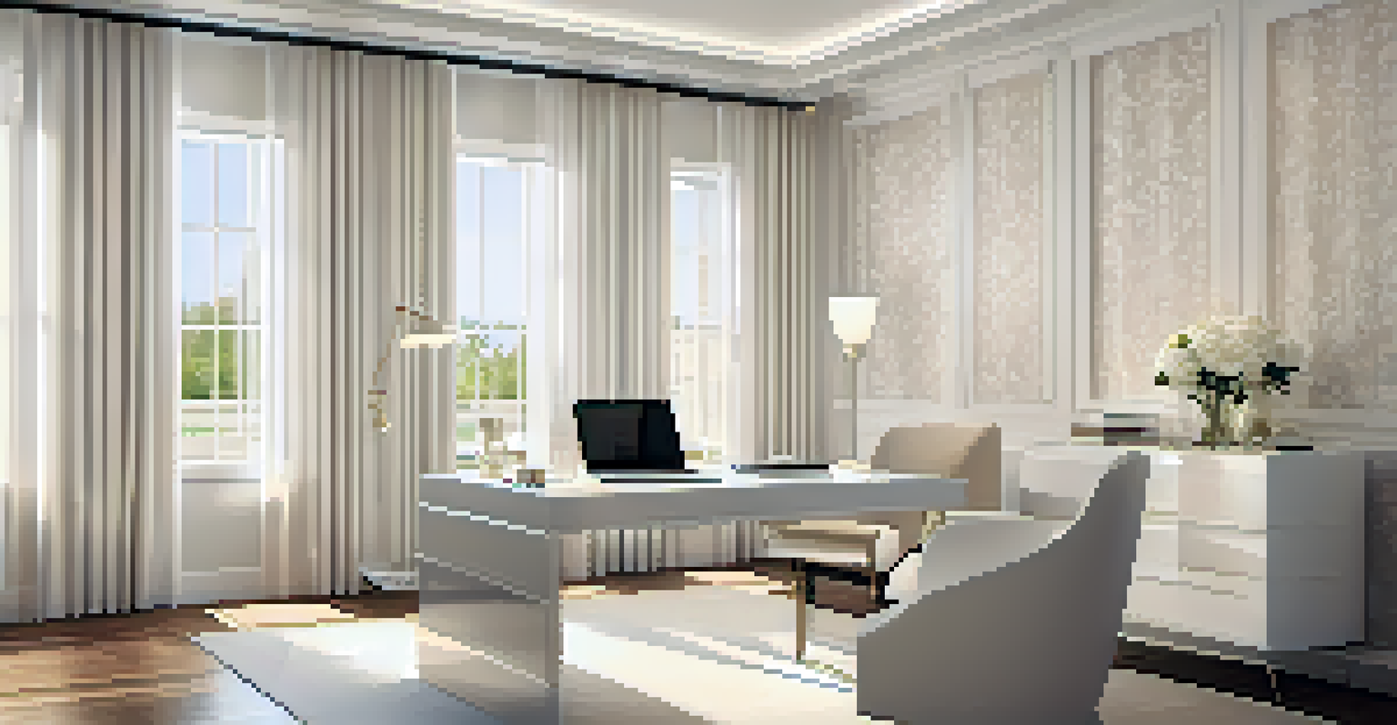 A minimalist luxury home office with a white desk and elegant wallpaper, featuring a laptop, comfortable chair, and coffee cup in sunlight.