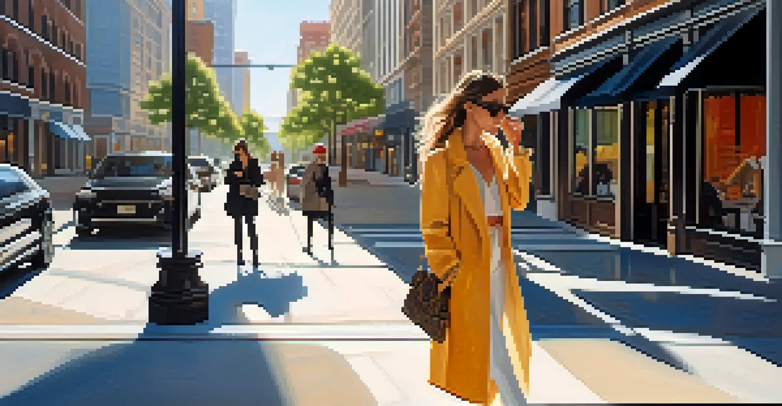 A stylish influencer in an urban setting wearing high-end fashion and interacting with her smartphone against a vibrant city backdrop.