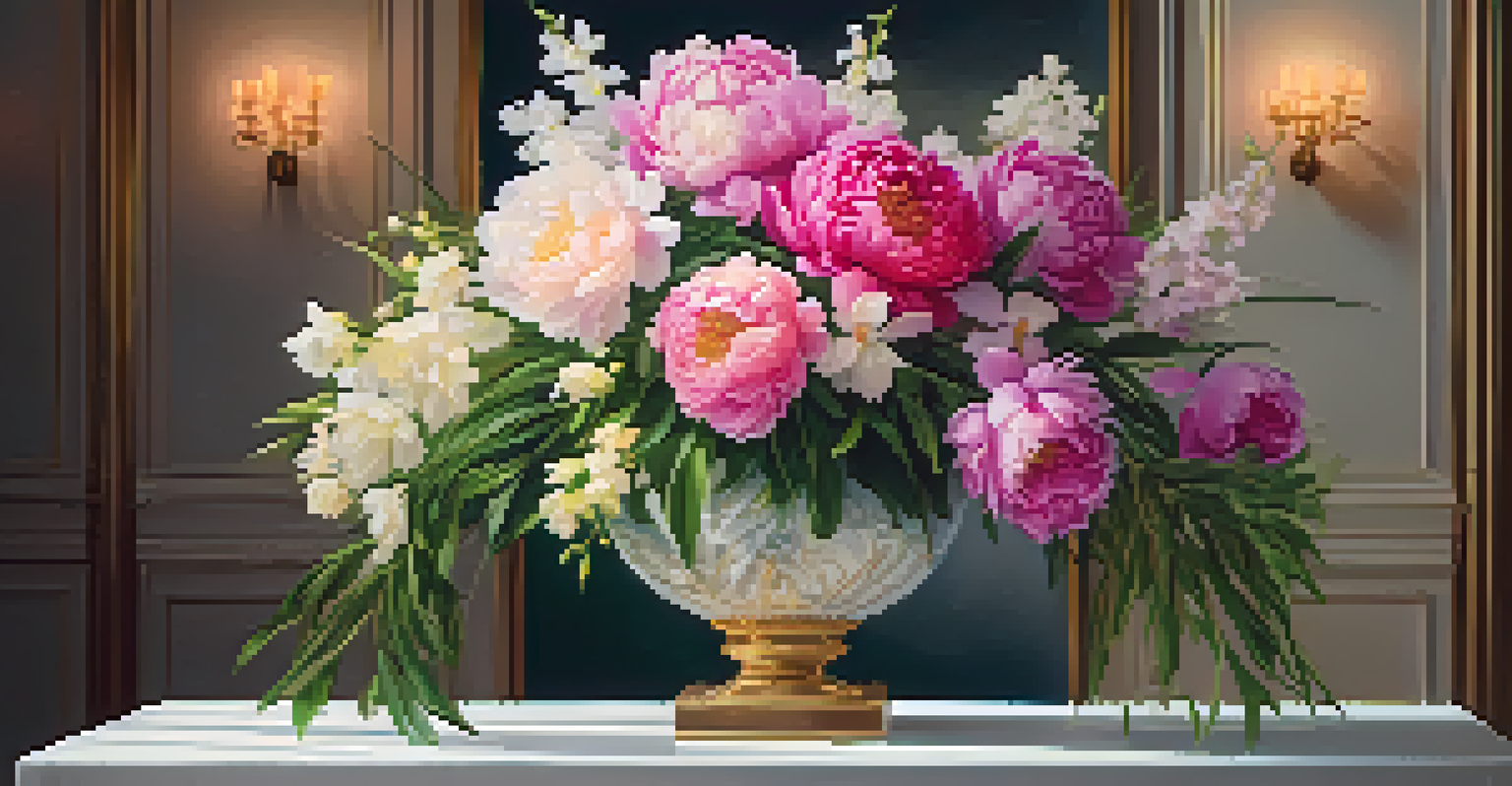 A stunning floral centerpiece with peonies and orchids in a beautifully arranged display.