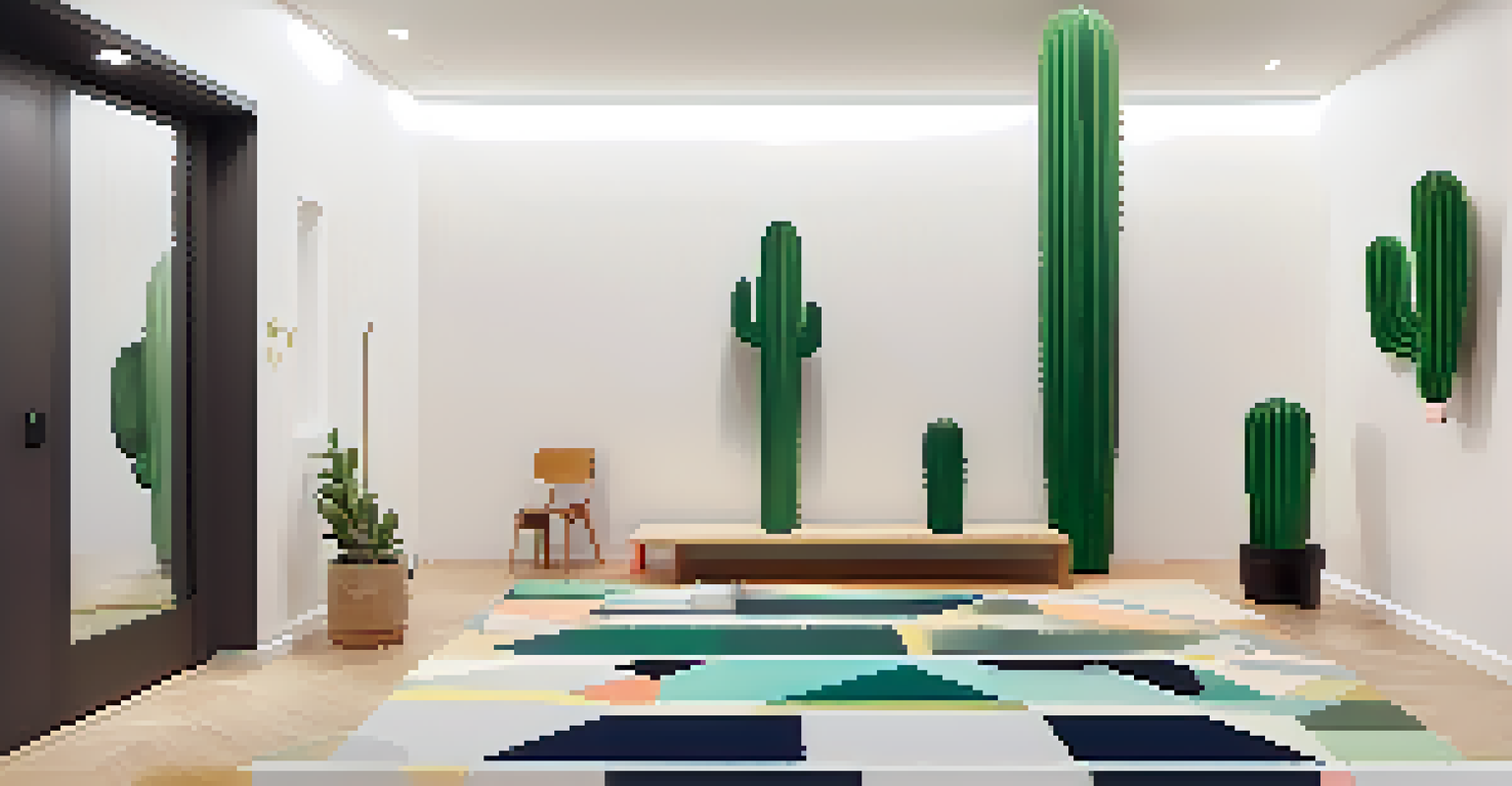 An entryway with a vibrant geometric cactus coat rack and a round patterned rug.
