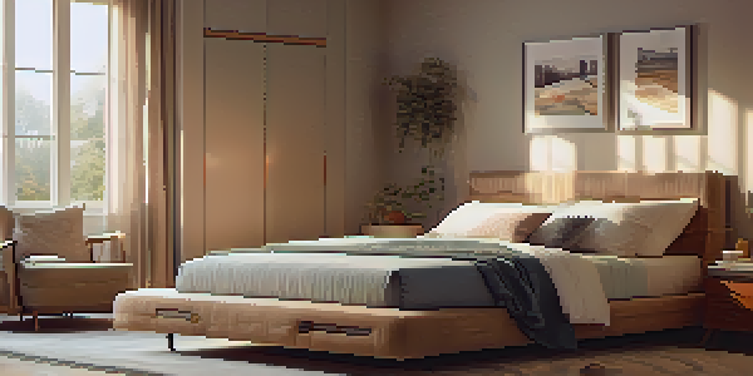 A cozy bedroom with a smart mattress, soft lighting, and a digital display showing sleep patterns.