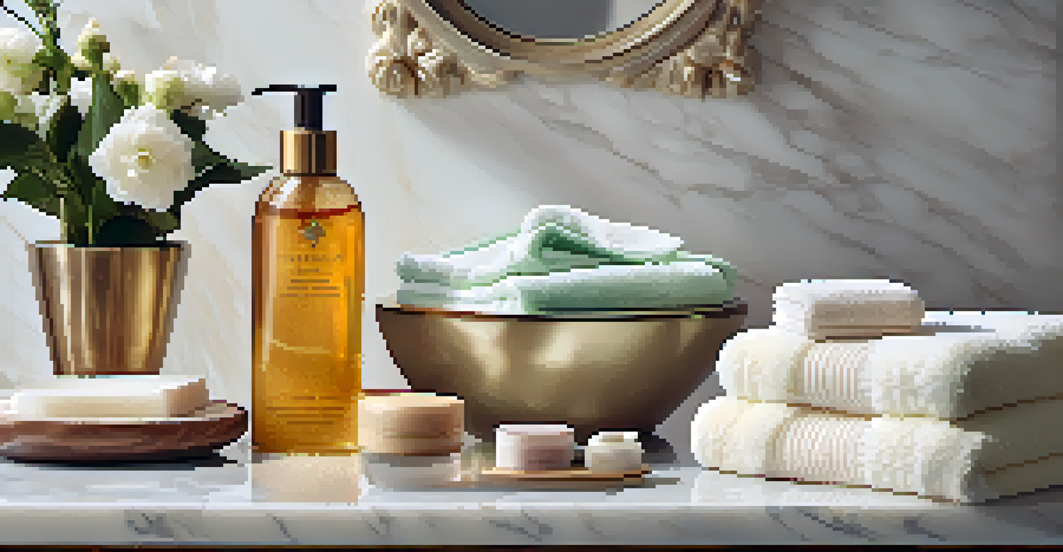 An elegant arrangement of luxury bath products on a marble countertop, featuring a body scrub, bath oil, and plush towels lit by natural light.