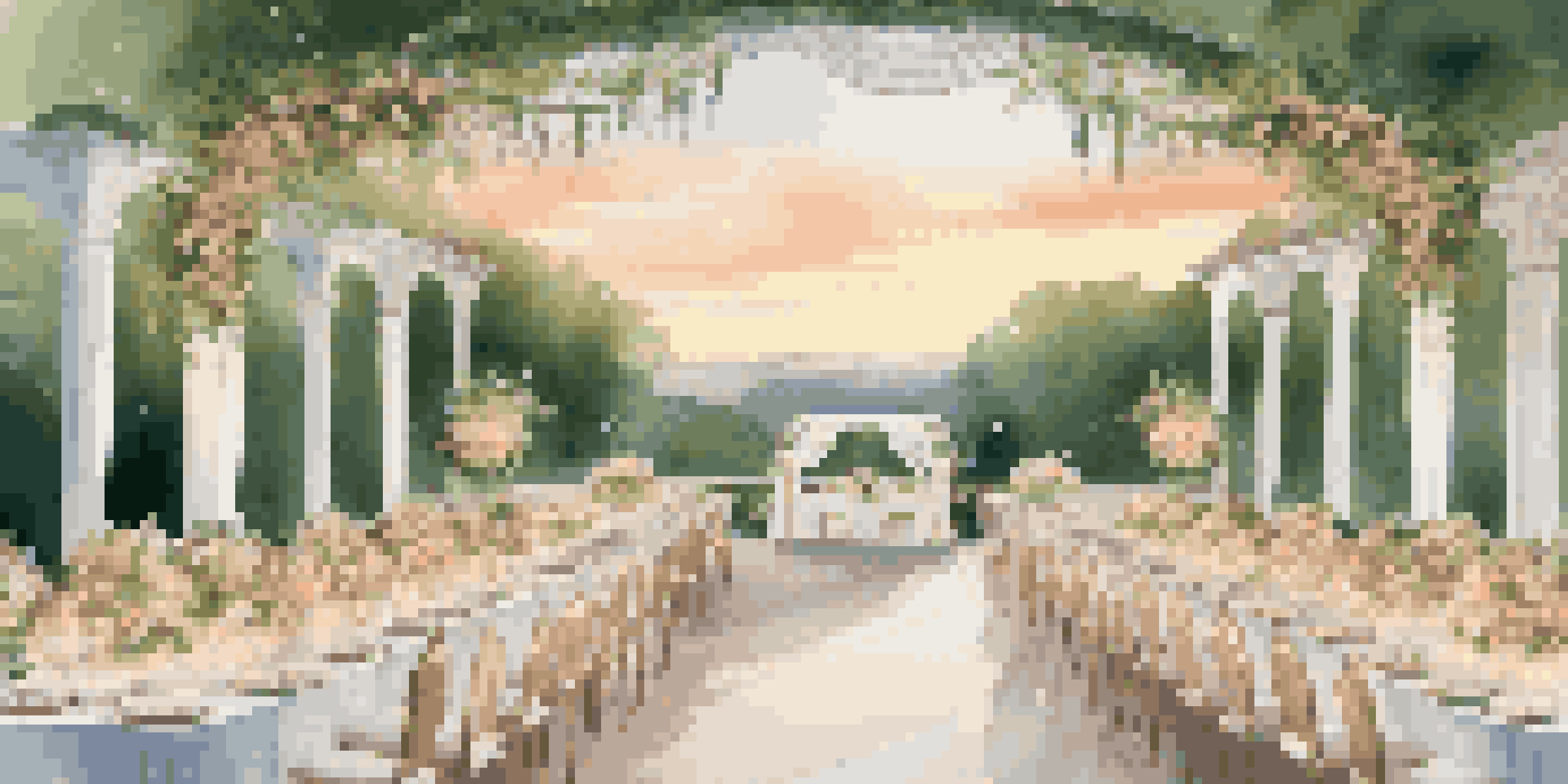 An elegant outdoor wedding scene with a flower-decorated arch, lush greenery, and beautifully set tables under ambient sunset lighting.