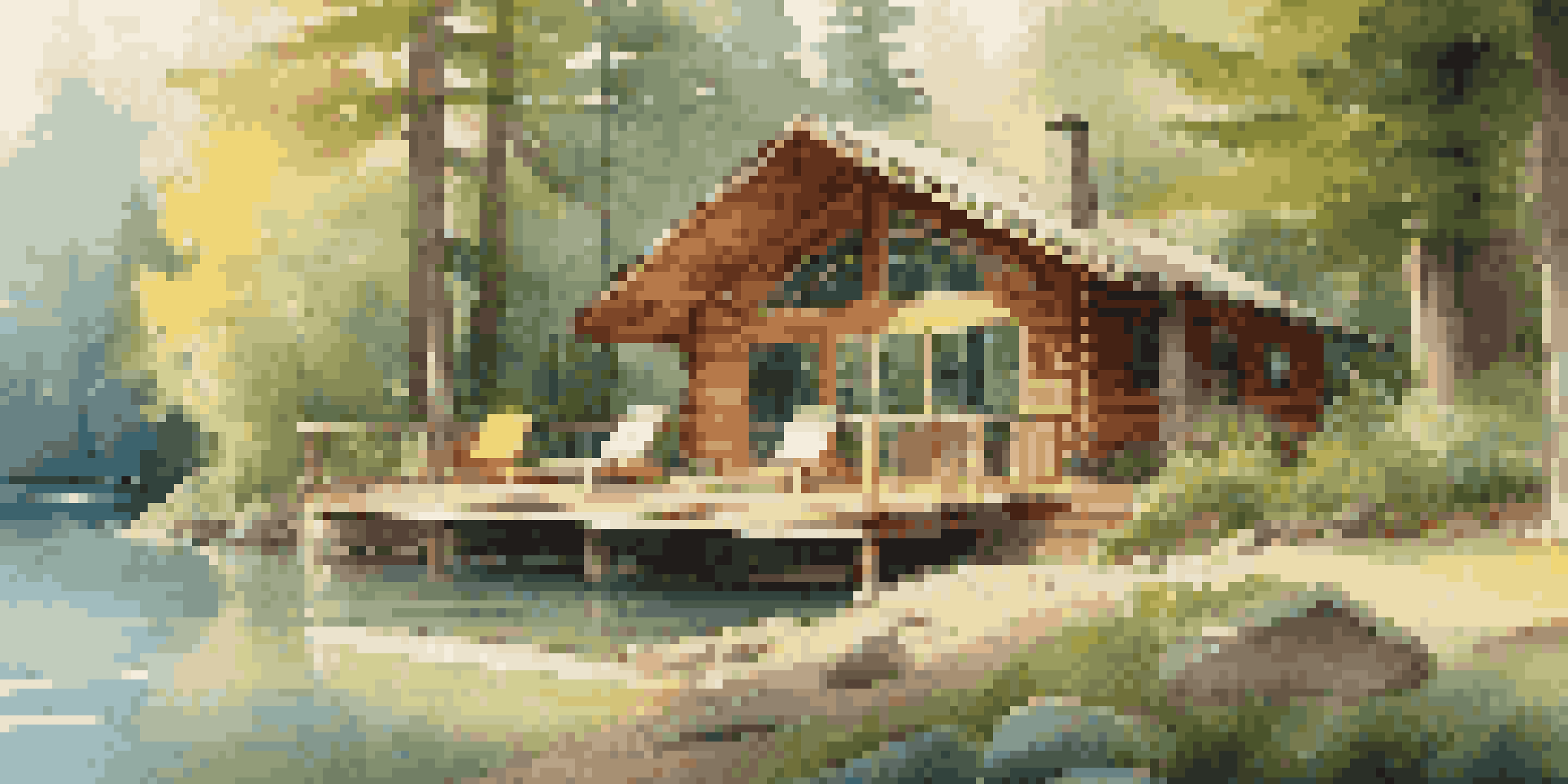 A tranquil scene of a luxury cabin in a forest by a lake, with yoga mats on the deck and sunlight filtering through the trees.