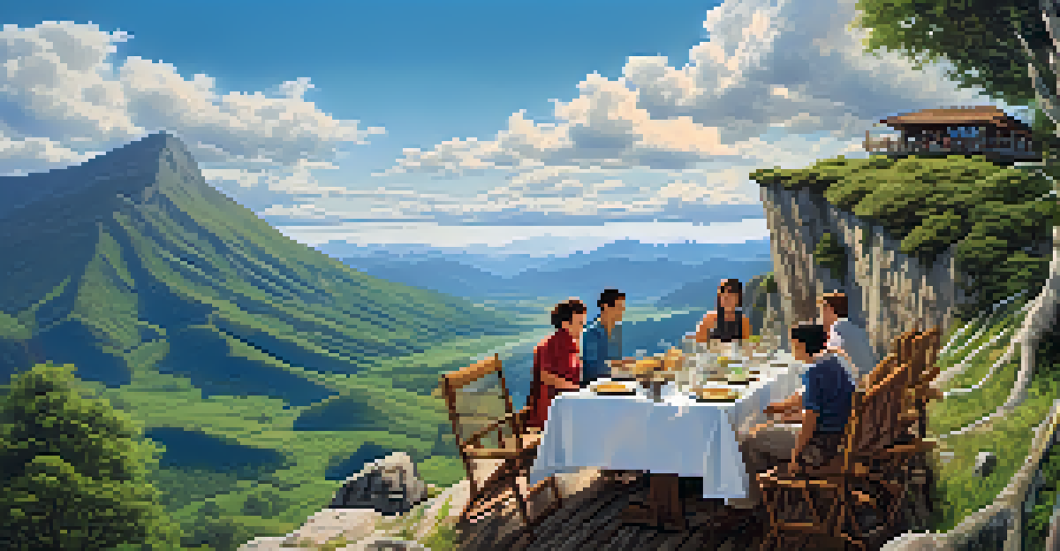 Diners enjoying a meal on a cliff edge with a breathtaking valley view below, featuring rustic table settings.
