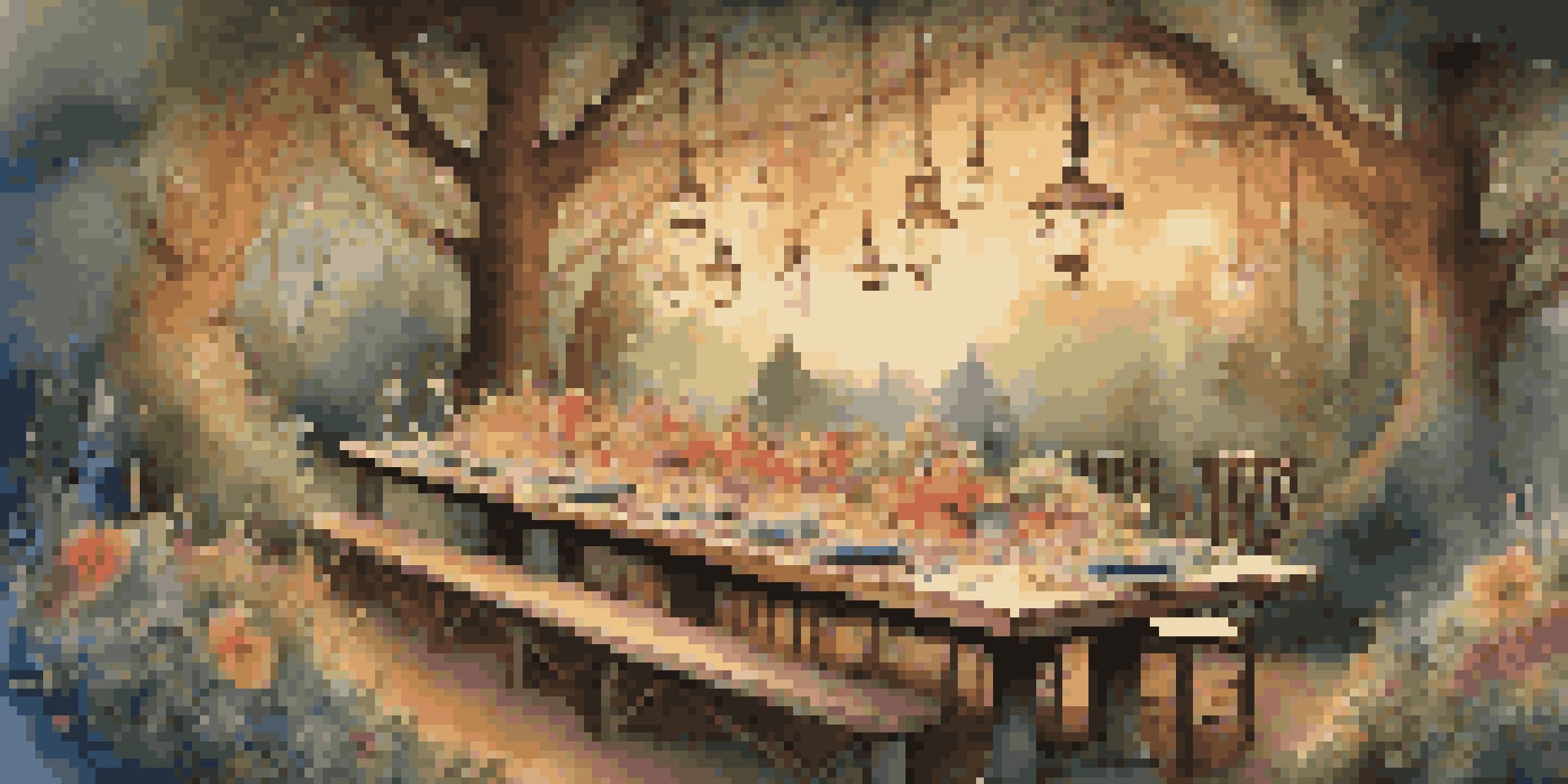 A whimsical dining setup in a fairytale forest with a beautifully decorated table and colorful dishes.