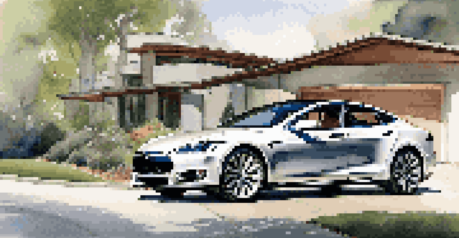 A Tesla Model S in front of a modern house surrounded by greenery on a sunny day.